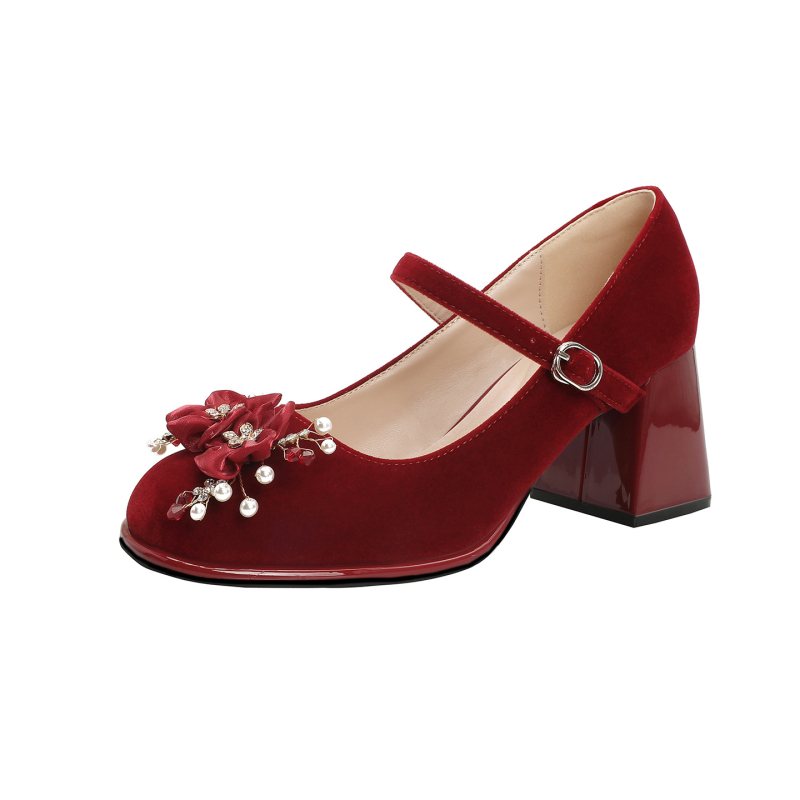 Mary Jane cipele s okruglim vrhom, gornji dio od Xishi velur, debeli pet, visina peta 6-8 cm