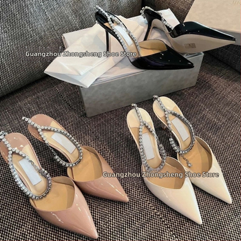 Dámske sandále s rhinestone na špičke, s reťazovým detailom, extrémne vysoký podpätok, vrchný materiál z ovčej kože, podrážka z pravej kože