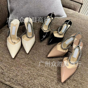 Dámske sandále s rhinestone na špičke, s reťazovým detailom, extrémne vysoký podpätok, vrchný materiál z ovčej kože, podrážka z pravej kože