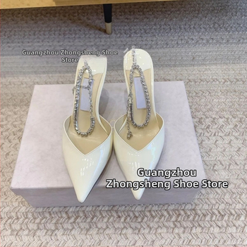 Dámske sandále s rhinestone na špičke, s reťazovým detailom, extrémne vysoký podpätok, vrchný materiál z ovčej kože, podrážka z pravej kože