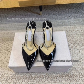 Dámske sandále s rhinestone na špičke, s reťazovým detailom, extrémne vysoký podpätok, vrchný materiál z ovčej kože, podrážka z pravej kože