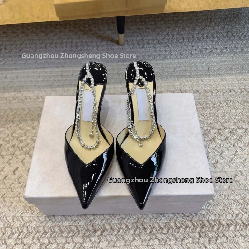 Dámske sandále s rhinestone na špičke, s reťazovým detailom, extrémne vysoký podpätok, vrchný materiál z ovčej kože, podrážka z pravej kože