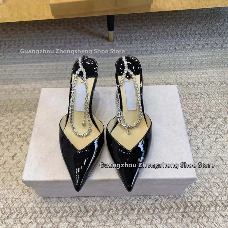 Dámske sandále s rhinestone na špičke, s reťazovým detailom, extrémne vysoký podpätok, vrchný materiál z ovčej kože, podrážka z pravej kože