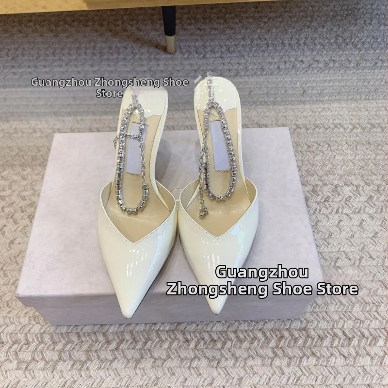 Dámske sandále s rhinestone na špičke, s reťazovým detailom, extrémne vysoký podpätok, vrchný materiál z ovčej kože, podrážka z pravej kože