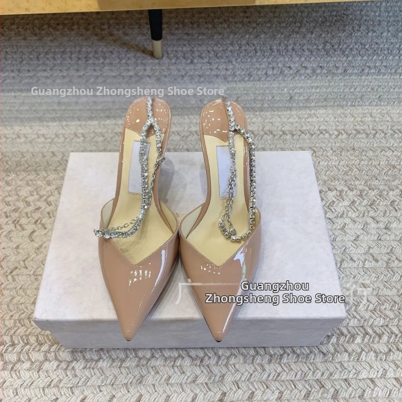 Dámske sandále s rhinestone na špičke, s reťazovým detailom, extrémne vysoký podpätok, vrchný materiál z ovčej kože, podrážka z pravej kože