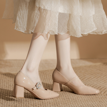 Pantofi Mary Jane cu vârf ascuțit, din superfibră, căptușeală PU, talpă din cauciuc, toc înalt 6-8 cm