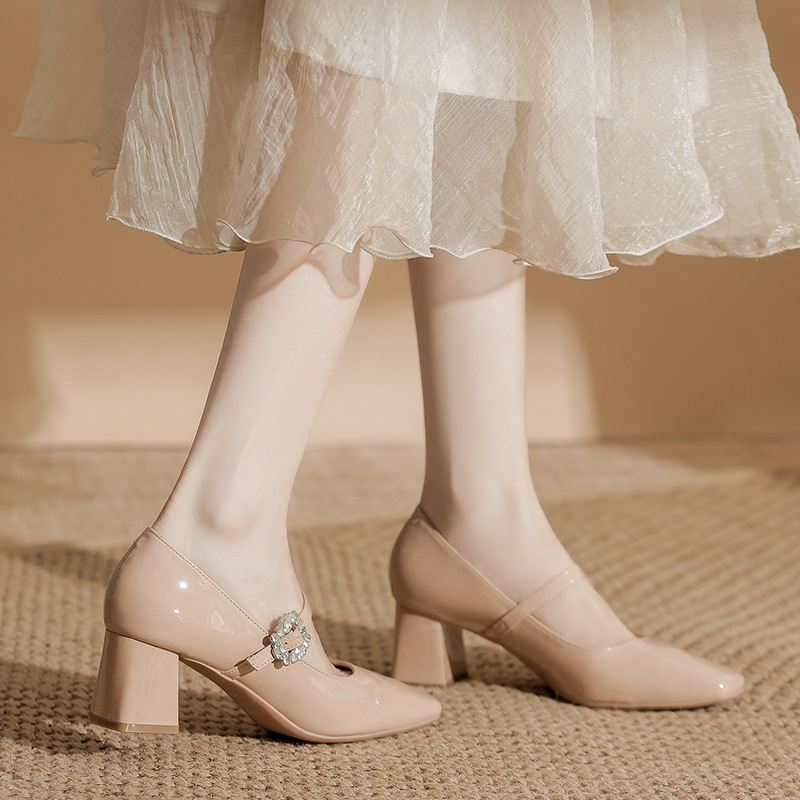 Pantofi Mary Jane cu vârf ascuțit, din superfibră, căptușeală PU, talpă din cauciuc, toc înalt 6-8 cm