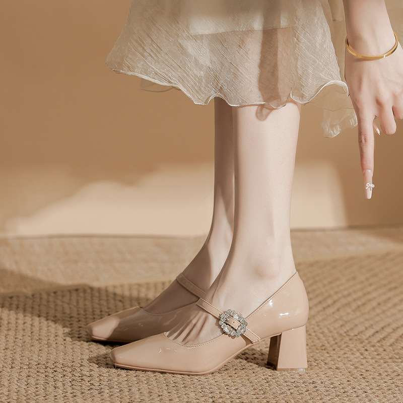 Pantofi Mary Jane cu vârf ascuțit, din superfibră, căptușeală PU, talpă din cauciuc, toc înalt 6-8 cm