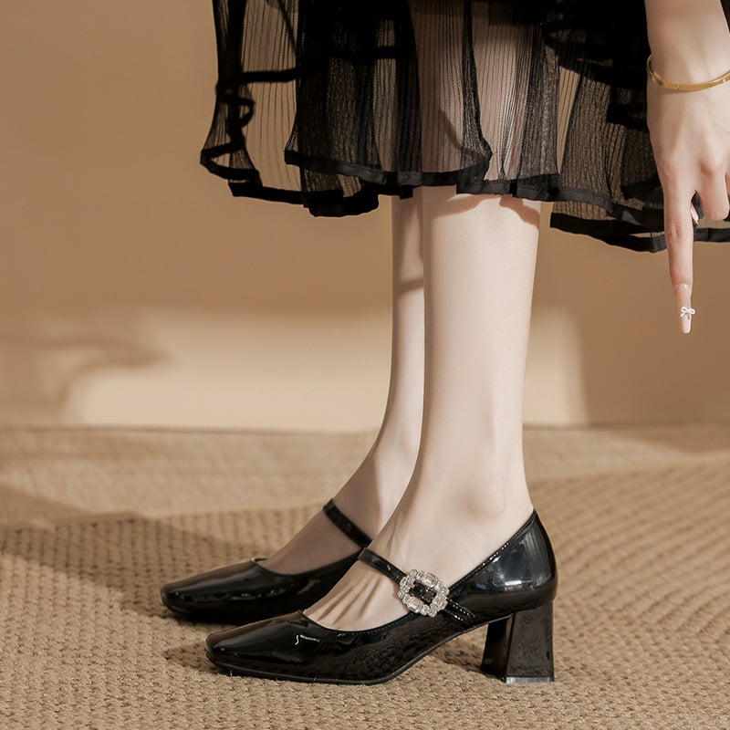 Pantofi Mary Jane cu vârf ascuțit, din superfibră, căptușeală PU, talpă din cauciuc, toc înalt 6-8 cm