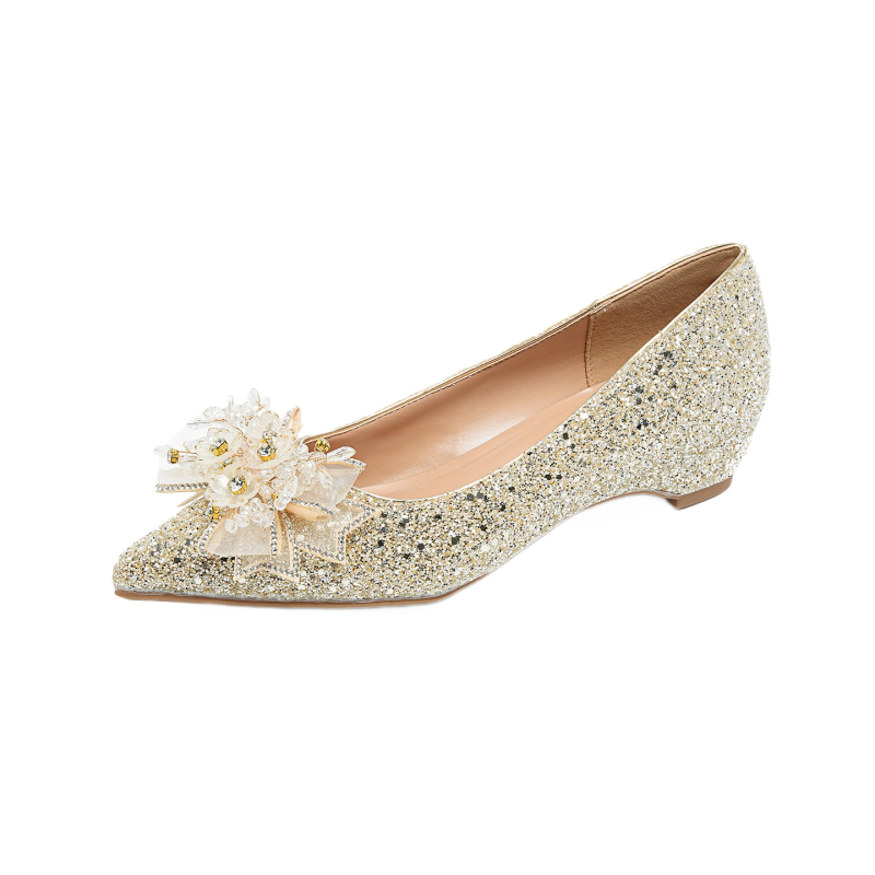 Pantofi de mireasă pentru femei cu vârf ascuțit, toc mic sub 3 cm, material superior: Greet, material interior: Super fiber, talpă: TPU