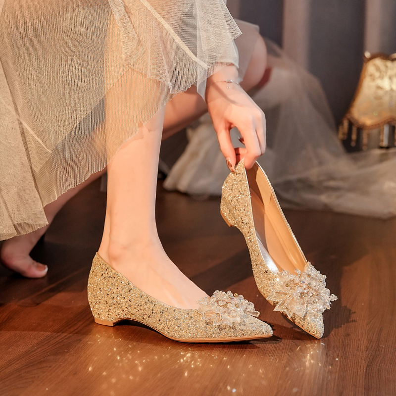 Pantofi de mireasă pentru femei cu vârf ascuțit, toc mic sub 3 cm, material superior: Greet, material interior: Super fiber, talpă: TPU