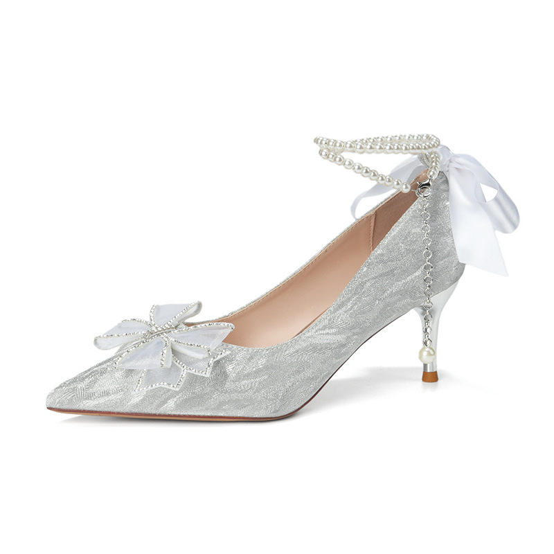 Ženske visoke potpetice: oštar nos, tanak štikla, traka s perlom, gumena potplat, nad 8 cm