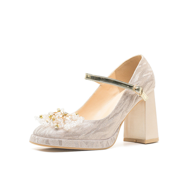 Mary Jane ženske visoke potpetice s rhinestone remenom, kvadratni vrh, debeli pet iznad 8 cm, gornji materijal od super vlakana, vjenčane cipele