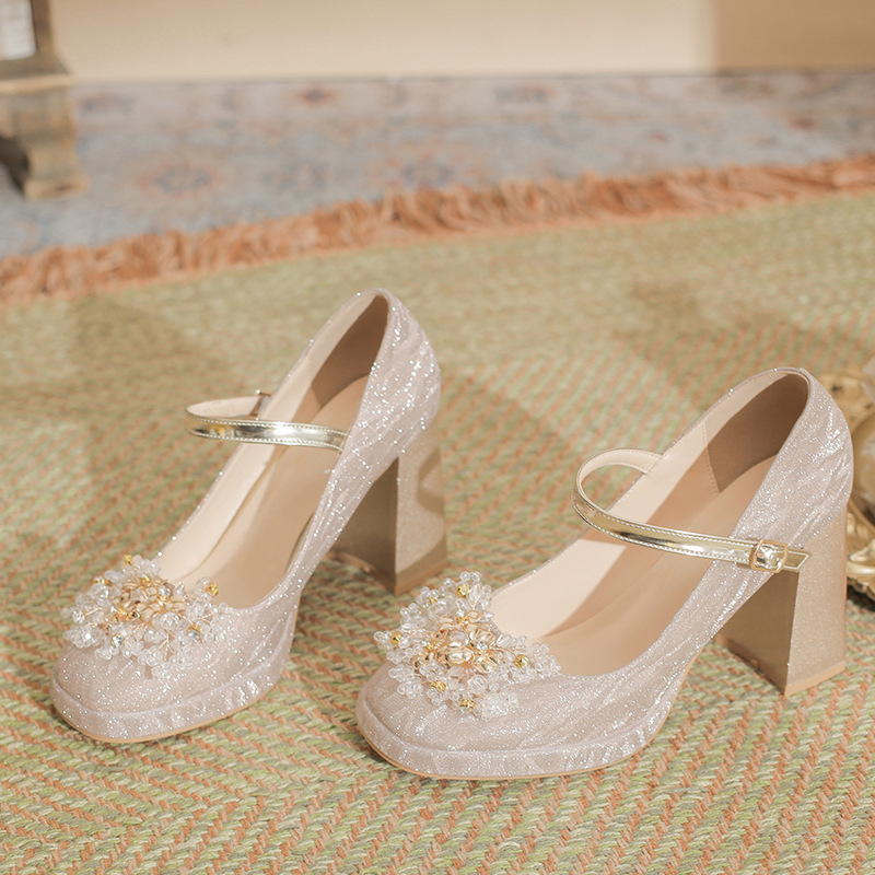 Mary Jane ženske visoke potpetice s rhinestone remenom, kvadratni vrh, debeli pet iznad 8 cm, gornji materijal od super vlakana, vjenčane cipele