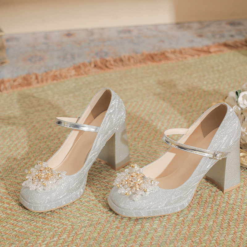Mary Jane ženske visoke potpetice s rhinestone remenom, kvadratni vrh, debeli pet iznad 8 cm, gornji materijal od super vlakana, vjenčane cipele