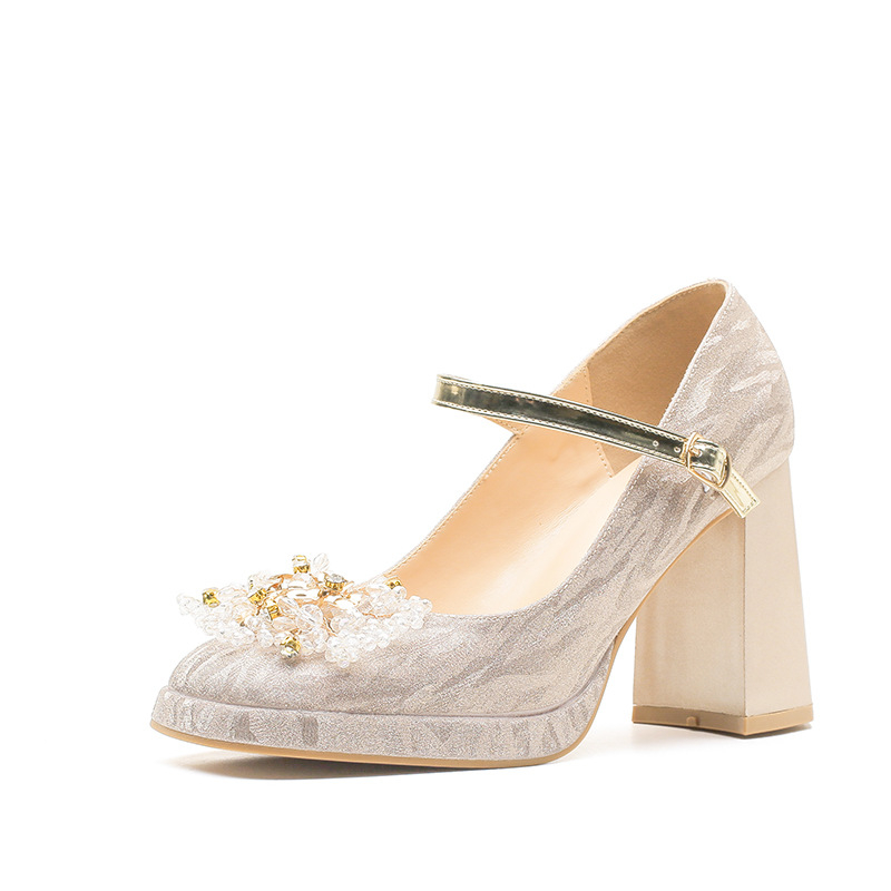 Mary Jane ženske visoke potpetice s rhinestone remenom, kvadratni vrh, debeli pet iznad 8 cm, gornji materijal od super vlakana, vjenčane cipele