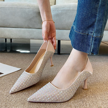 Ženske cipele na visokoj peti s uskim nosom i rhinestone ukrasom, Princeske cipele, visina pete 3–6 cm, gornji materijal Super fiber