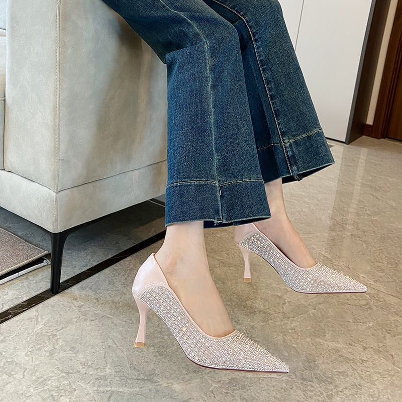 Ženske cipele na visokoj peti s uskim nosom i rhinestone ukrasom, Princeske cipele, visina pete 3–6 cm, gornji materijal Super fiber
