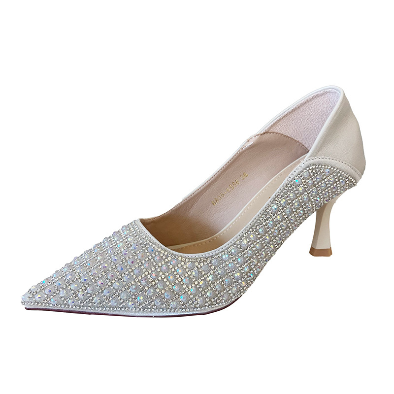 Ženske cipele na visokoj peti s uskim nosom i rhinestone ukrasom, Princeske cipele, visina pete 3–6 cm, gornji materijal Super fiber