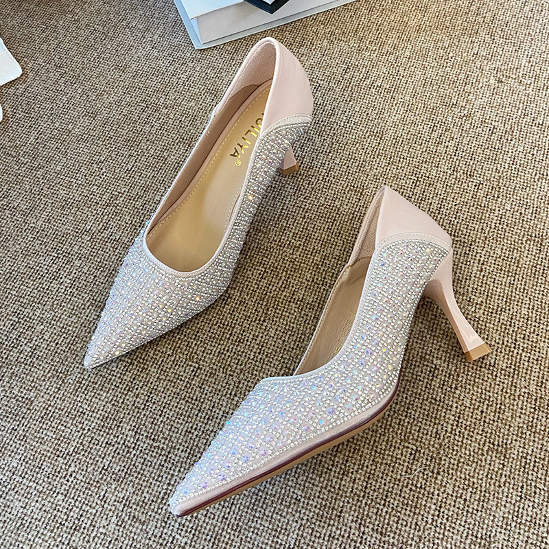 Ženske cipele na visokoj peti s uskim nosom i rhinestone ukrasom, Princeske cipele, visina pete 3–6 cm, gornji materijal Super fiber