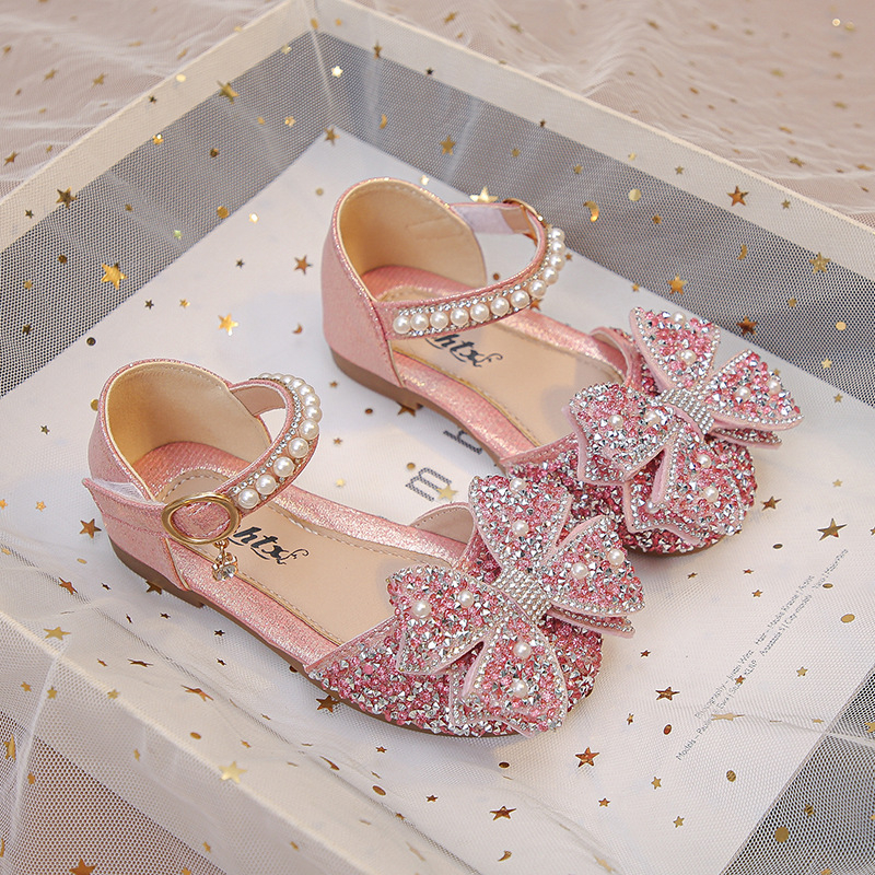 Mergaitėms rhinestone princesės sandalai su Velcro užsegimu, PU viršus, PU vidpadis, gumos padas, rudens 2025 leidimas