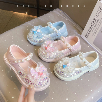 Mergaitėms – kristalo ir blizgučių princesės bateliai su Velcro užsegimu, PU viršus, vidus imitacinė oda, PU įdėklas, gumos padas, 4–12 metų, pavasaris 2025