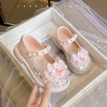 Mergaitėms – kristalo ir blizgučių princesės bateliai su Velcro užsegimu, PU viršus, vidus imitacinė oda, PU įdėklas, gumos padas, 4–12 metų, pavasaris 2025