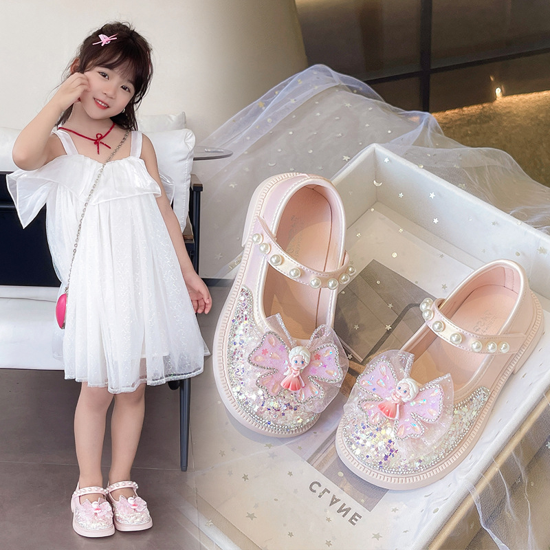 Mergaitėms – kristalo ir blizgučių princesės bateliai su Velcro užsegimu, PU viršus, vidus imitacinė oda, PU įdėklas, gumos padas, 4–12 metų, pavasaris 2025