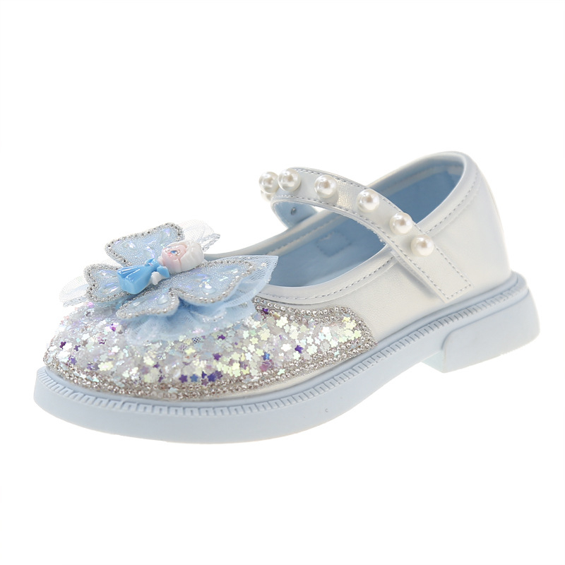 Mergaitėms – kristalo ir blizgučių princesės bateliai su Velcro užsegimu, PU viršus, vidus imitacinė oda, PU įdėklas, gumos padas, 4–12 metų, pavasaris 2025