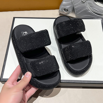 Sandále s jednou páskou na zips a kryštálmi, hrubá gumová podrážka, PU vrchná časť, otvorené prsty