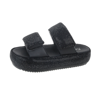 Sandále s jednou páskou na zips a kryštálmi, hrubá gumová podrážka, PU vrchná časť, otvorené prsty