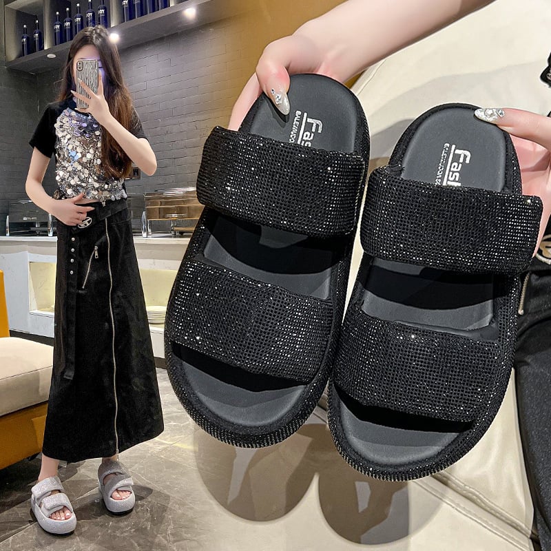 Sandále s jednou páskou na zips a kryštálmi, hrubá gumová podrážka, PU vrchná časť, otvorené prsty