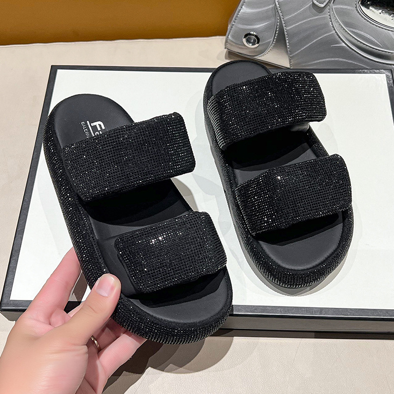 Sandále s jednou páskou na zips a kryštálmi, hrubá gumová podrážka, PU vrchná časť, otvorené prsty