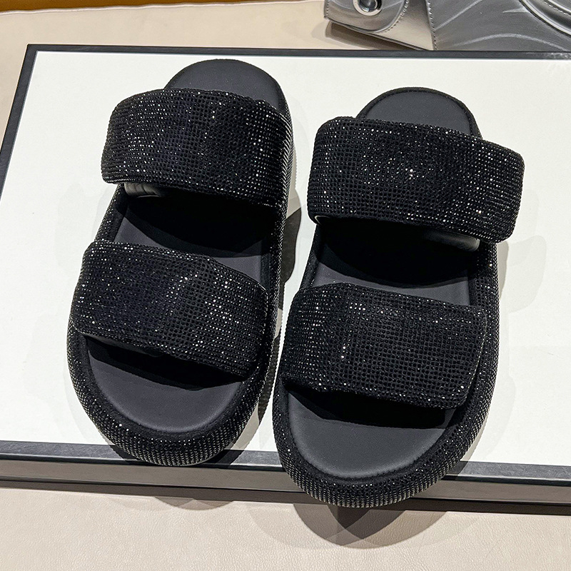 Sandále s jednou páskou na zips a kryštálmi, hrubá gumová podrážka, PU vrchná časť, otvorené prsty