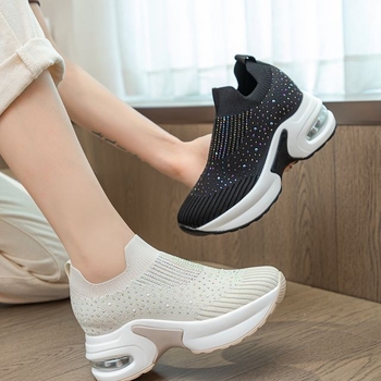 Ženske platforme mokasine s debelim potplatom — fly-knit gornji dio, srednje visoka, okrugli vrh, stražnji zip, PU đon