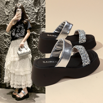 Sandale pentru femei cu partea superioară PU, căptușeală PU, talpă din cauciuc, vârf rotund, model herringbone — Vara 2025