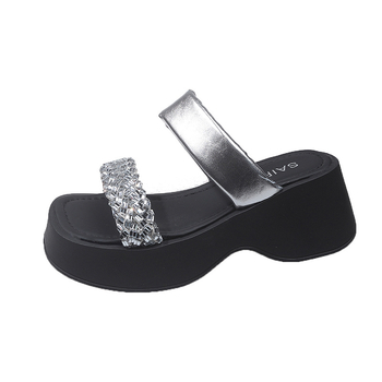 Sandale pentru femei cu partea superioară PU, căptușeală PU, talpă din cauciuc, vârf rotund, model herringbone — Vara 2025