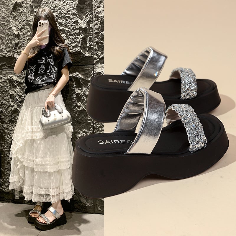 Sandale pentru femei cu partea superioară PU, căptușeală PU, talpă din cauciuc, vârf rotund, model herringbone — Vara 2025