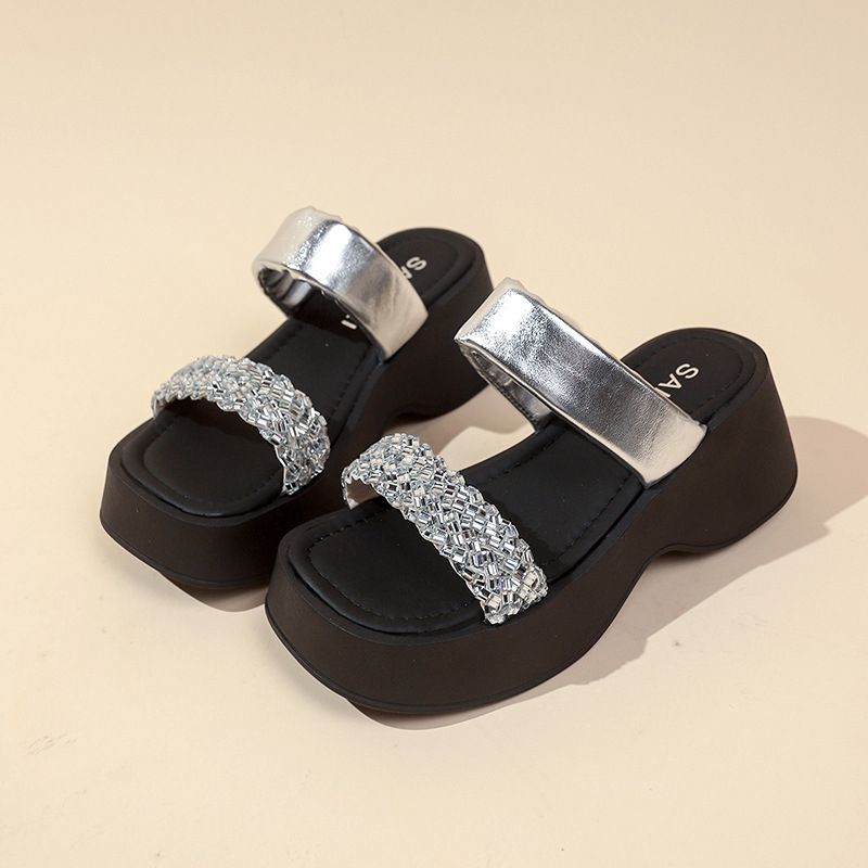 Sandale pentru femei cu partea superioară PU, căptușeală PU, talpă din cauciuc, vârf rotund, model herringbone — Vara 2025