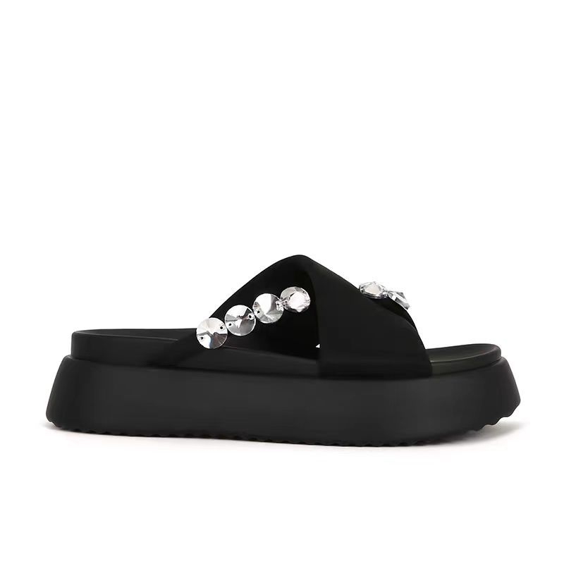 Satenske plažne sandale s rhinestone klipom za prst, debeli PU potplat, ženske ljetne sandale