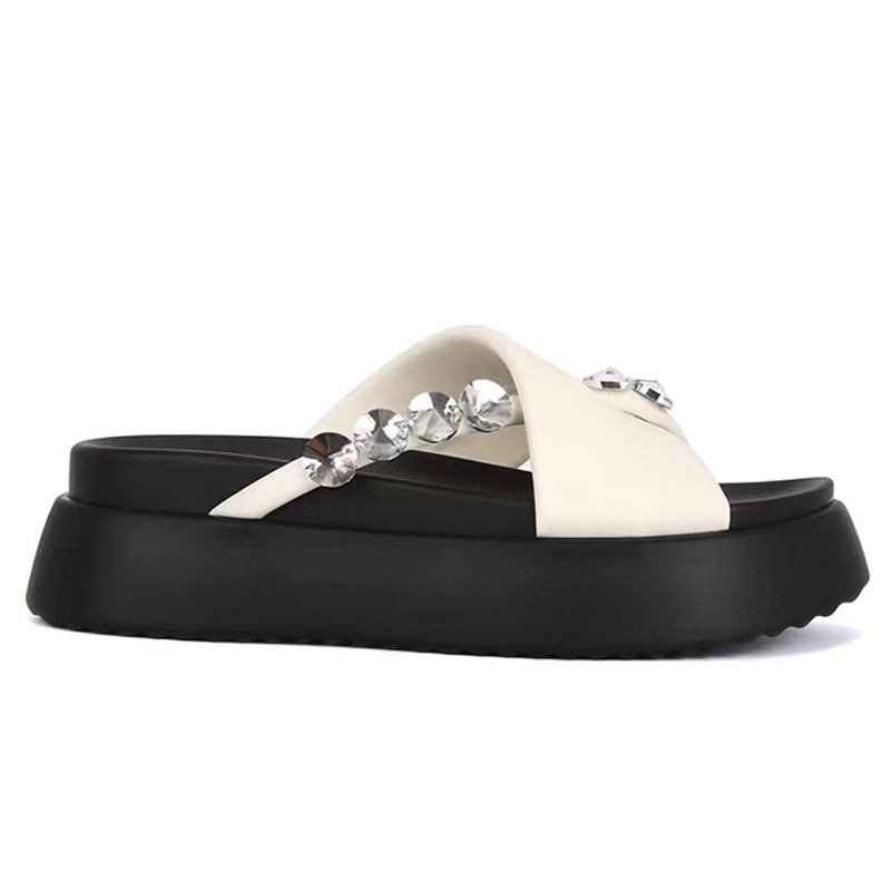 Satenske plažne sandale s rhinestone klipom za prst, debeli PU potplat, ženske ljetne sandale
