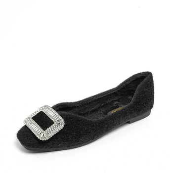 Ženske ploske cipele s rhinestones i kvadratnim vrhom, gornji dio od norkove dlake, niski potplat, gumena potplata
