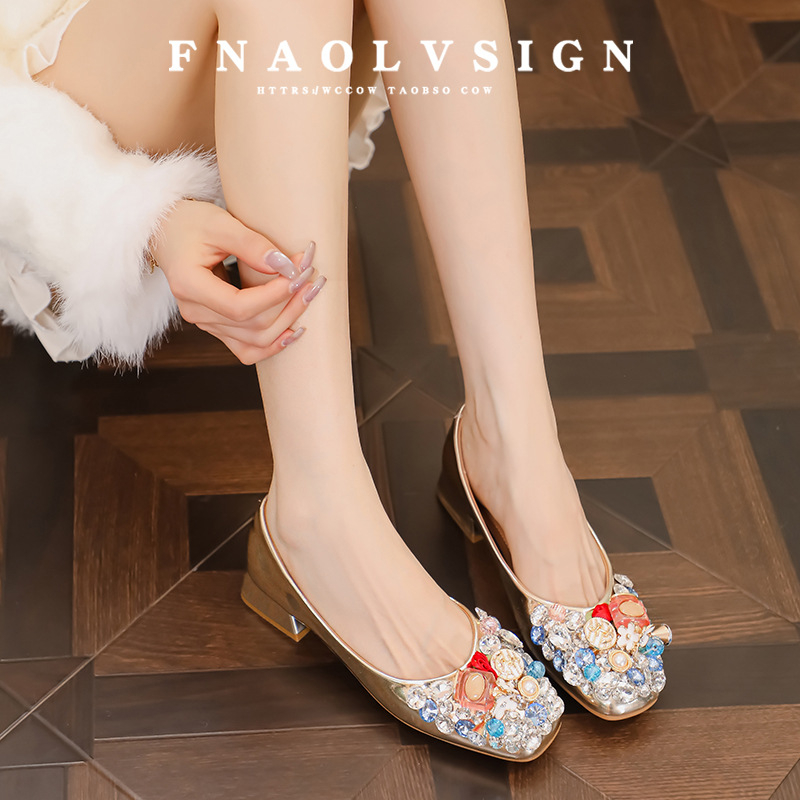 Ženske loafers s kvadratnim vrhom, rhinestones, stil princeze, udobne za svakodnevno nošenje (Vrh: kvadratni; Gornji dio: super vlakno; Visina pete: 3–6 cm; Oblik pete: debeli; Peta: guma)