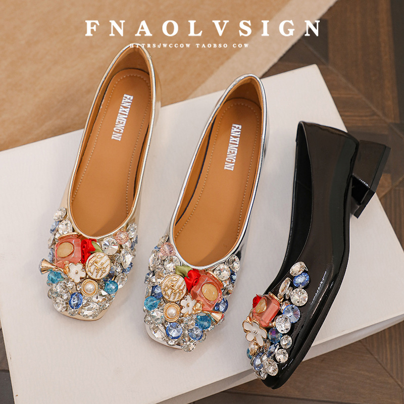 Ženske loafers s kvadratnim vrhom, rhinestones, stil princeze, udobne za svakodnevno nošenje (Vrh: kvadratni; Gornji dio: super vlakno; Visina pete: 3–6 cm; Oblik pete: debeli; Peta: guma)