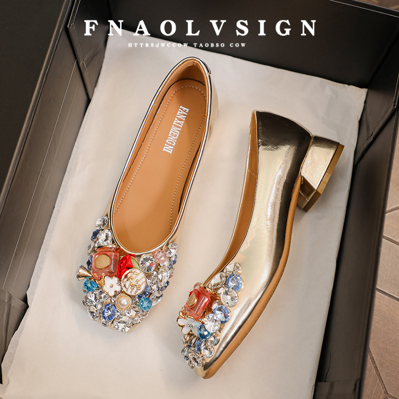 Ženske loafers s kvadratnim vrhom, rhinestones, stil princeze, udobne za svakodnevno nošenje (Vrh: kvadratni; Gornji dio: super vlakno; Visina pete: 3–6 cm; Oblik pete: debeli; Peta: guma)