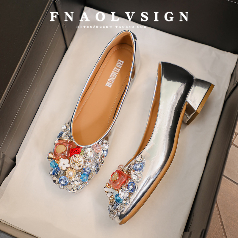 Ženske loafers s kvadratnim vrhom, rhinestones, stil princeze, udobne za svakodnevno nošenje (Vrh: kvadratni; Gornji dio: super vlakno; Visina pete: 3–6 cm; Oblik pete: debeli; Peta: guma)