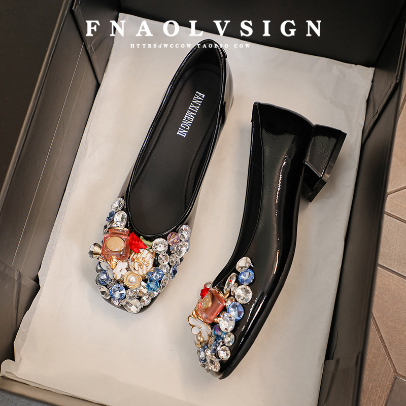 Ženske loafers s kvadratnim vrhom, rhinestones, stil princeze, udobne za svakodnevno nošenje (Vrh: kvadratni; Gornji dio: super vlakno; Visina pete: 3–6 cm; Oblik pete: debeli; Peta: guma)
