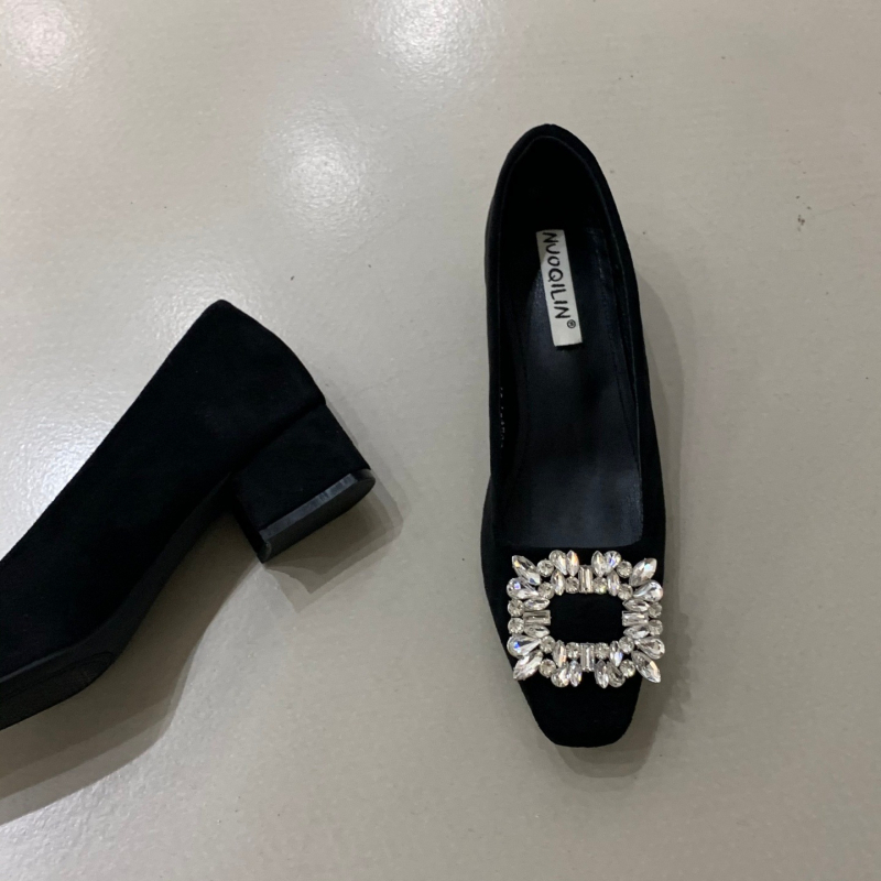 Ženske Mary Jane cipele s kvadratnim nosom, velur gornji dio, PU podstava, gumeni potplat, niski debeli pet 3–6 cm