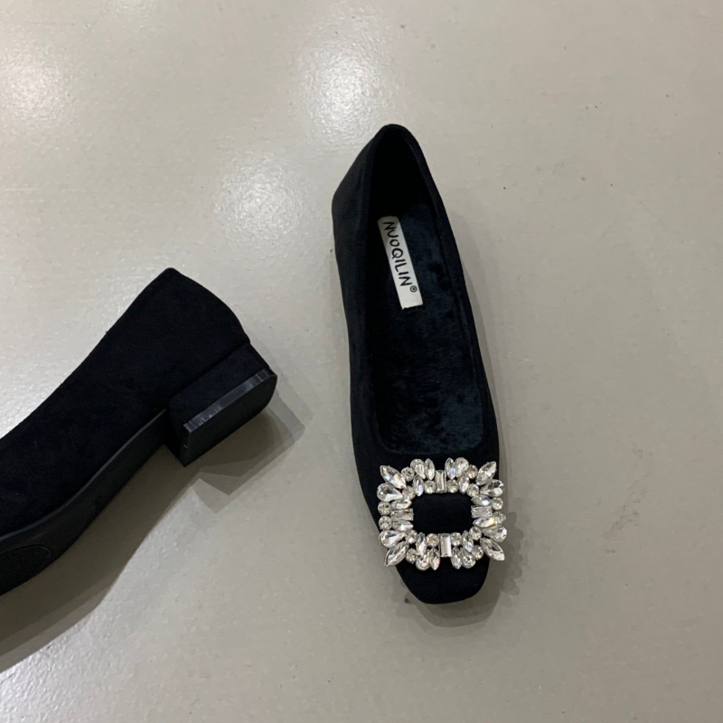 Ženske Mary Jane cipele s kvadratnim nosom, velur gornji dio, PU podstava, gumeni potplat, niski debeli pet 3–6 cm