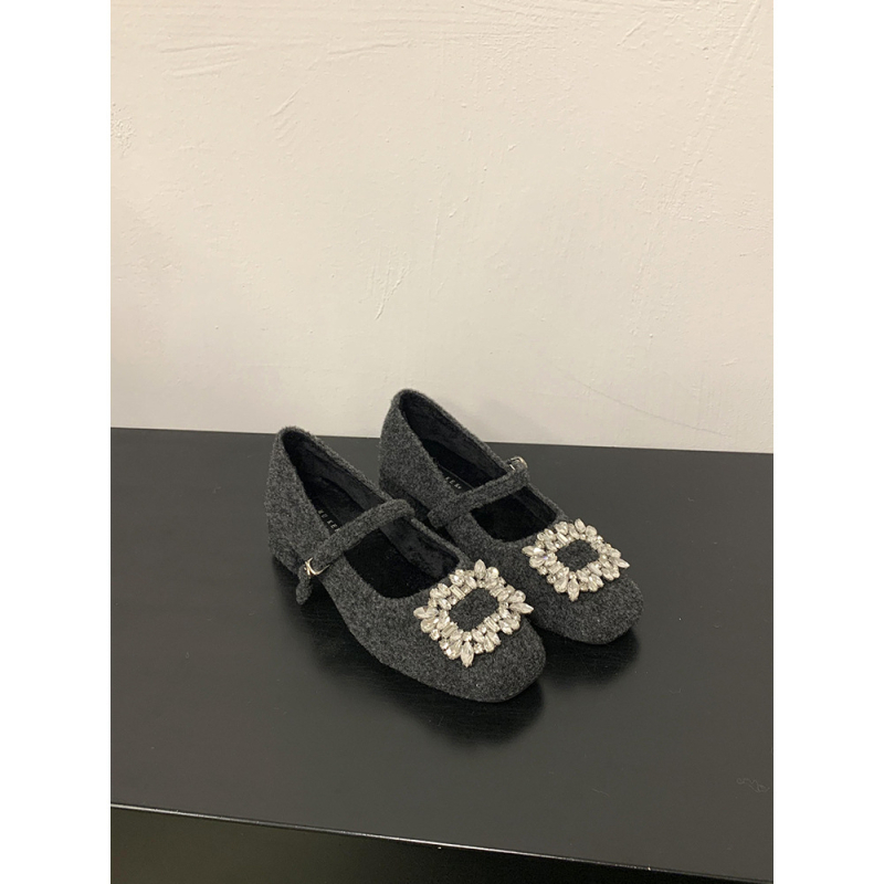 Mary Jane cipele s kvadratnim nosom, vuneni gornji dio, umjetna kratka pliš, debeli pet 3–6 cm